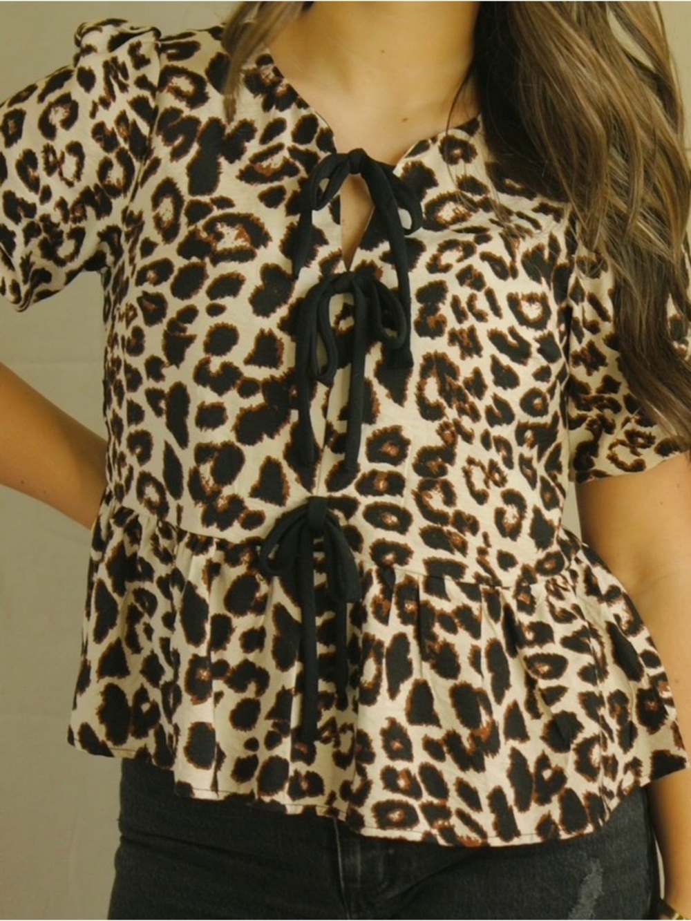 Monteau Beige and Black Leopard Tie-Front Peplum Blouse